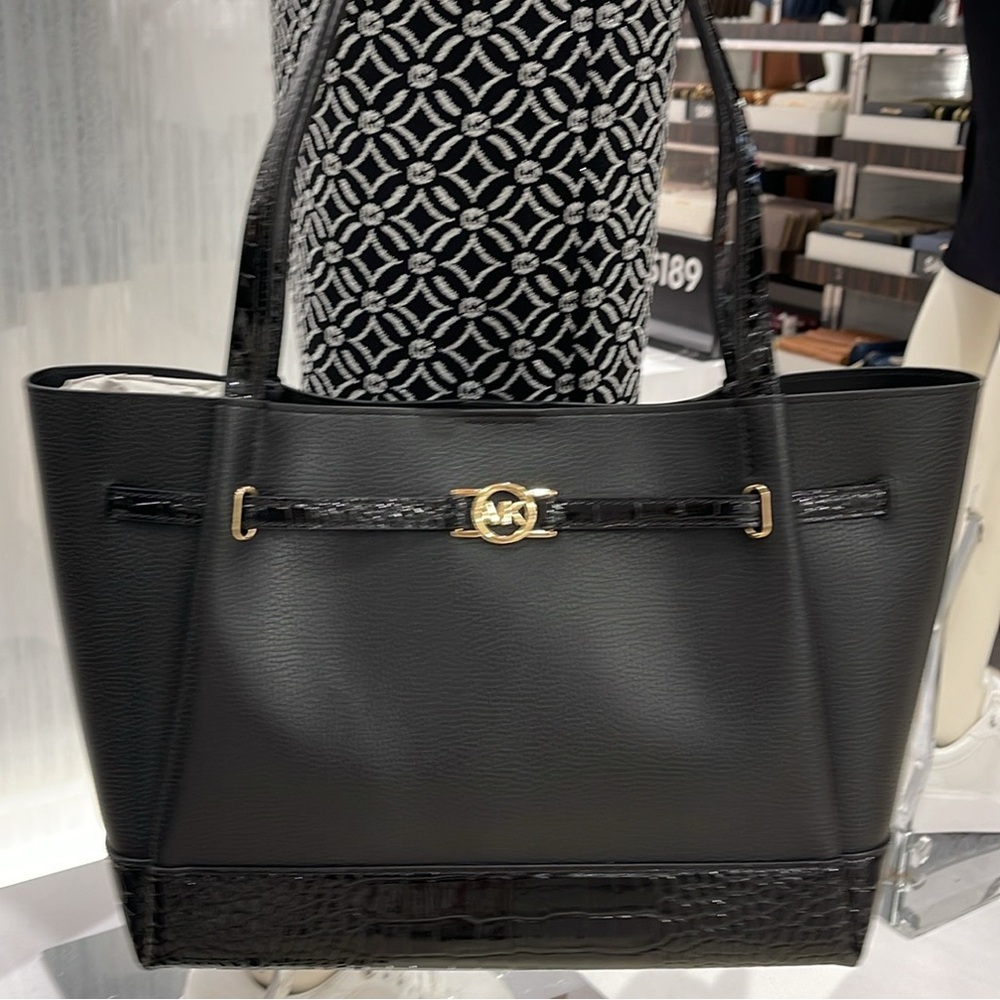 MICHAEL KORS
Reed Large Leather Belted Satchel Shoulder Handbag 
Black Crocodile
